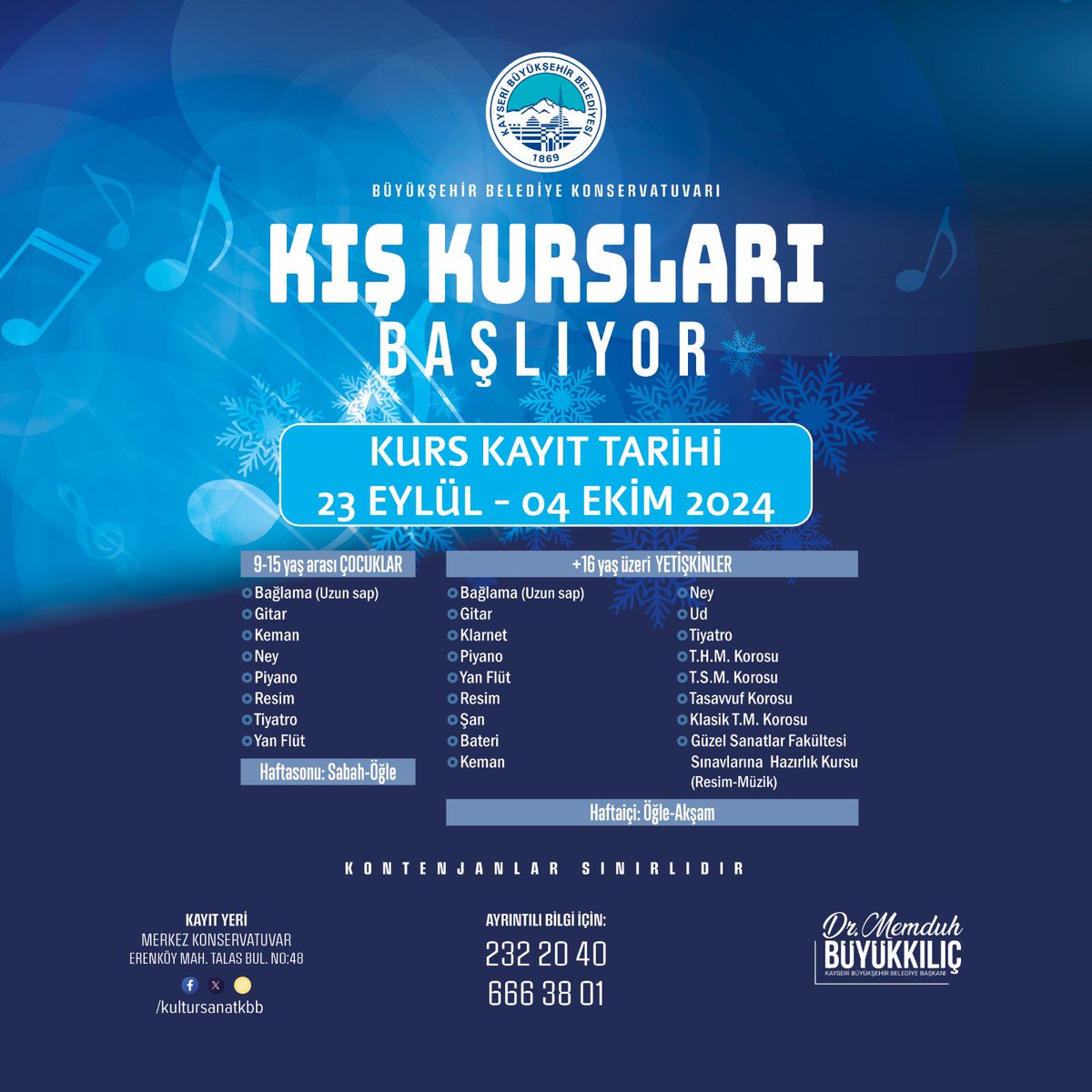 Kayseri Büyükşehir Belediyesi Konservatuara Kış Dönemi Kayıtları Başlıyor