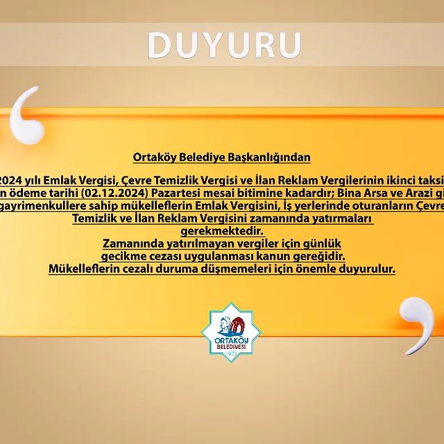 Ortaköy Belediye Başkanlığından Vergi Ödeme Duyurusu