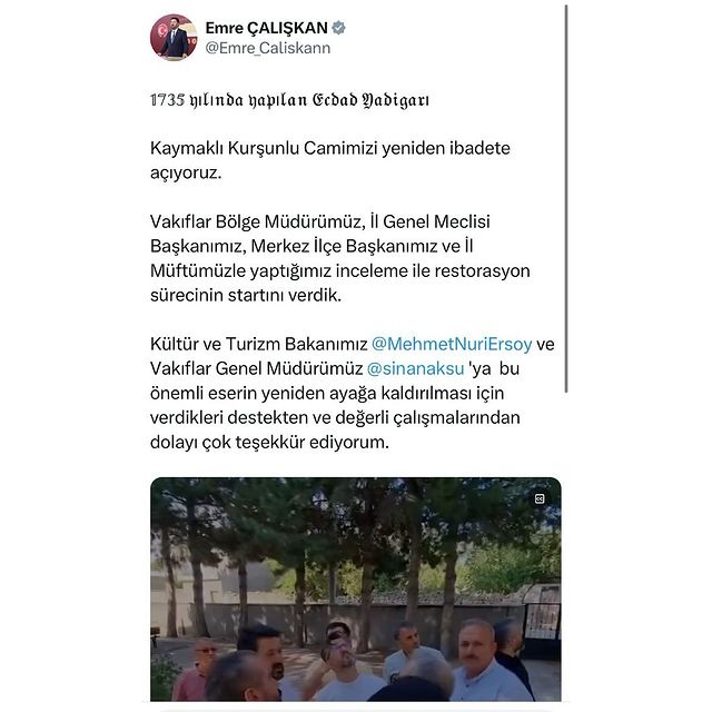 AK Parti Nevşehir Milletvekili Emre Çalışkan: Kaymaklı Kurşunlu Camisi'nin Restorasyon İhalesi Gerçekleştirilecek