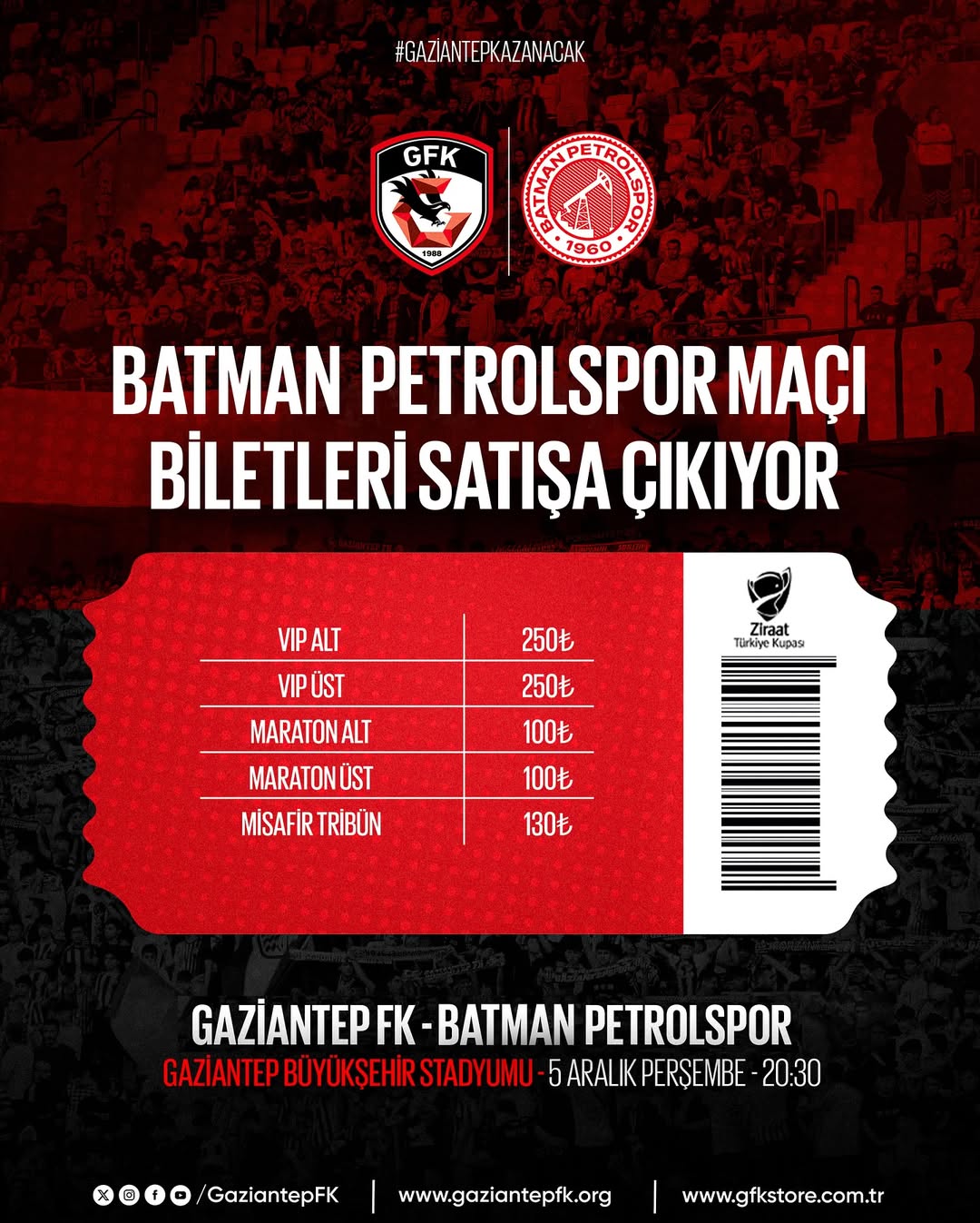 Gaziantep Futbol Kulübü, Ziraat Türkiye Kupası 4. turunda Batman Petrolspor ile karşılaşacak