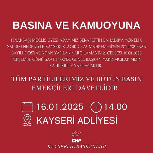 CHP Kayseri İl Başkanlığı, Saldırıya İlişkin Yargılama Sürecine Dikkat Çekti