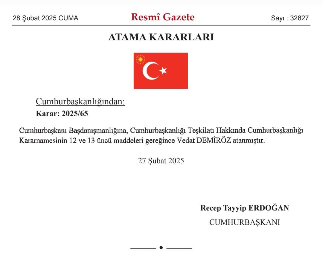 VEHATDEMİROZ, CÜM HABERLERİ YAYINLARINDA CUMHURBAŞKANI BAŞDANŞMANI GÖREVİNE ATANDI