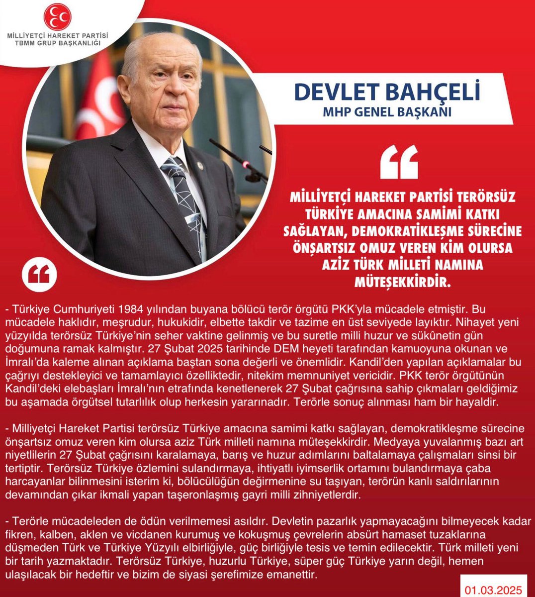 MHP Genel Başkanı Devlet Bahçeli, Terörsüz Türkiye Amacıyla Demokrasi Sürecine Omuz Verdi