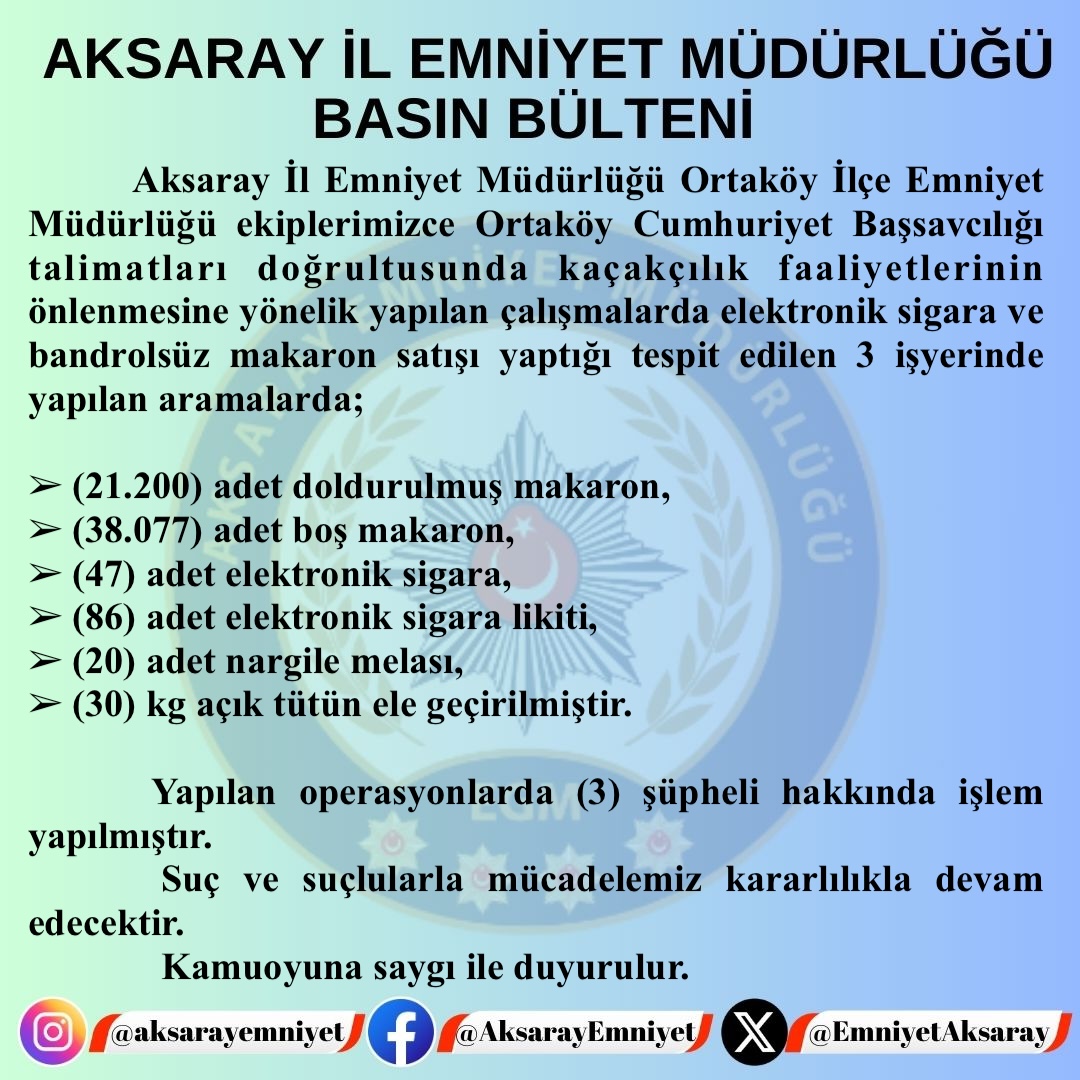 Aksaray'da Büyük Tütün ve Elektronik Sigara Operasyonu