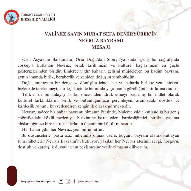 Kırşehir Valisi Demiryürek'ten Nevruz Bayramı Mesajı