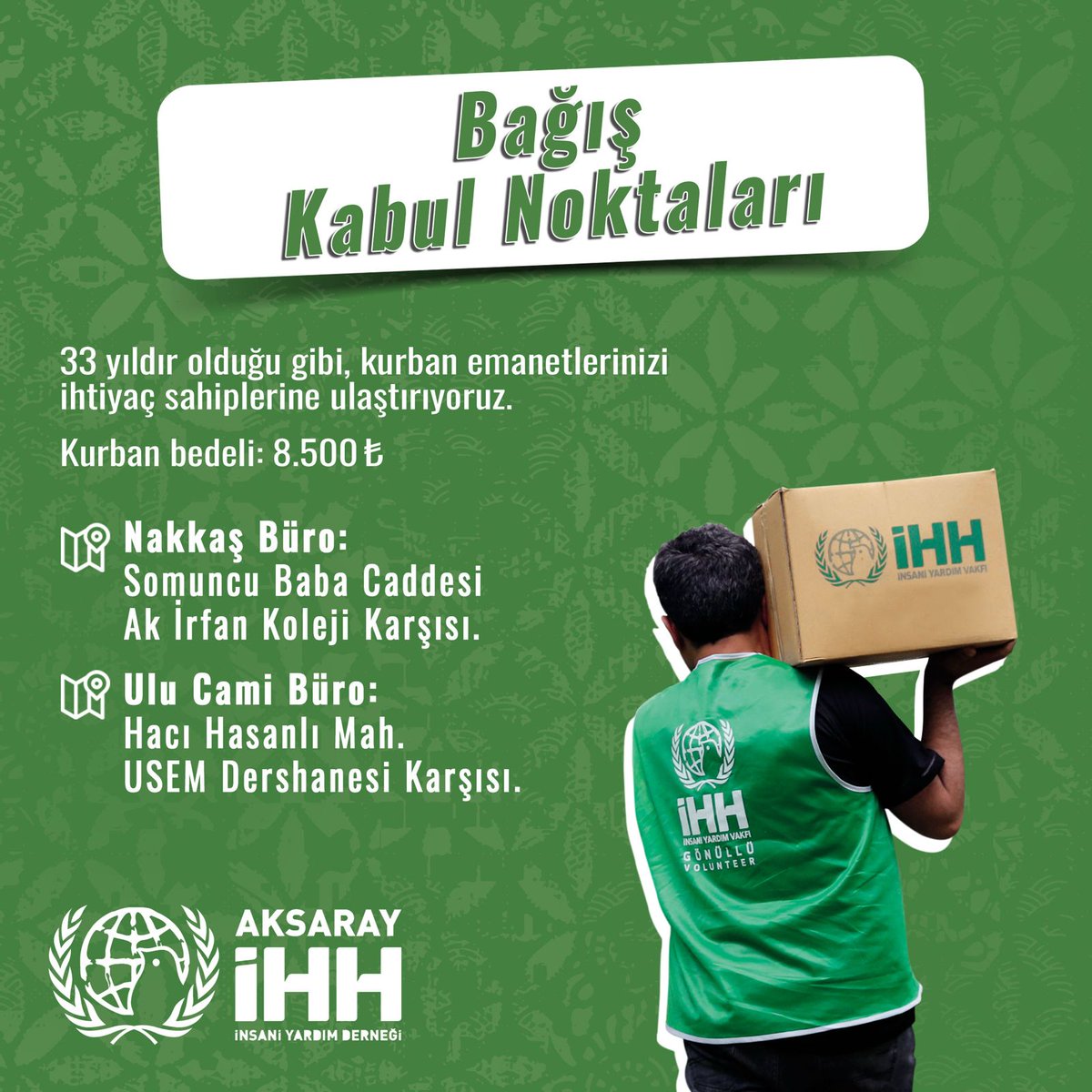 Aksaray İHH, Kurban Bağış Noktalarını ve Bağış Bilgilerini Duyurdu